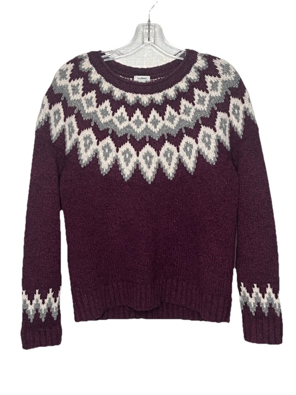 LL Bean Lambswool Fair Isle Sweater Sz S Petite Burgundy Nordic Rollneck